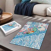 Hawaiian and Japanese Culture Together Puzzle Tropical Honu with Japanese Elements Blue Color