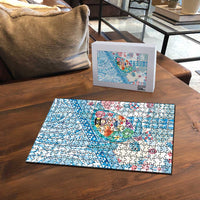 Hawaiian and Japanese Culture Together Puzzle Tropical Honu with Japanese Elements Blue Color