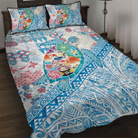 Hawaiian and Japanese Culture Together Quilt Bed Set Tropical Honu with Japanese Elements Blue Color