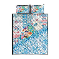 Hawaiian and Japanese Culture Together Quilt Bed Set Tropical Honu with Japanese Elements Blue Color