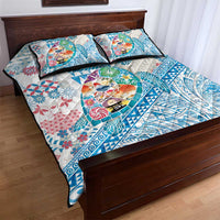 Hawaiian and Japanese Culture Together Quilt Bed Set Tropical Honu with Japanese Elements Blue Color