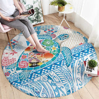 Hawaiian and Japanese Culture Together Round Carpet Tropical Honu with Japanese Elements Blue Color