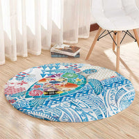 Hawaiian and Japanese Culture Together Round Carpet Tropical Honu with Japanese Elements Blue Color