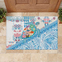Hawaiian and Japanese Culture Together Rubber Doormat Tropical Honu with Japanese Elements Blue Color