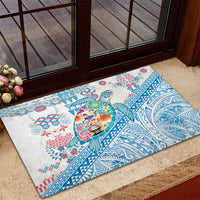 Hawaiian and Japanese Culture Together Rubber Doormat Tropical Honu with Japanese Elements Blue Color