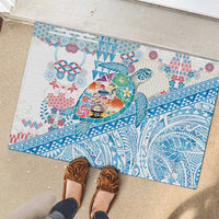 Hawaiian and Japanese Culture Together Rubber Doormat Tropical Honu with Japanese Elements Blue Color