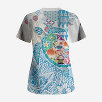 Hawaiian and Japanese Culture Together Scrub Top Tropical Honu with Japanese Elements Blue Color