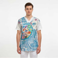 Hawaiian and Japanese Culture Together Scrub Top Tropical Honu with Japanese Elements Blue Color