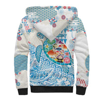 Hawaiian and Japanese Culture Together Sherpa Hoodie Tropical Honu with Japanese Elements Blue Color