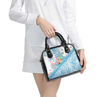 Hawaiian and Japanese Culture Together Shoulder Handbag Tropical Honu with Japanese Elements Blue Color