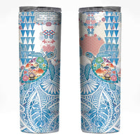 Hawaiian and Japanese Culture Together Skinny Tumbler Tropical Honu with Japanese Elements Blue Color