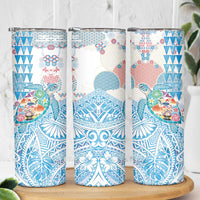 Hawaiian and Japanese Culture Together Skinny Tumbler Tropical Honu with Japanese Elements Blue Color