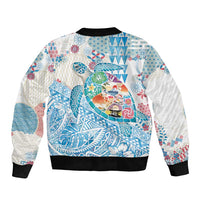 Hawaiian and Japanese Culture Together Sleeve Zip Bomber Jacket Tropical Honu with Japanese Elements Blue Color