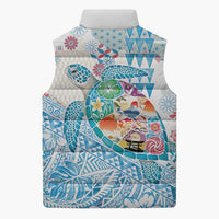 Hawaiian and Japanese Culture Together Sleeveless Puffer Jacket Tropical Honu with Japanese Elements Blue Color