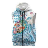 Hawaiian and Japanese Culture Together Sleeveless Zip Hoodie Tropical Honu with Japanese Elements Blue Color