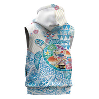 Hawaiian and Japanese Culture Together Sleeveless Zip Hoodie Tropical Honu with Japanese Elements Blue Color