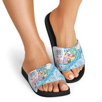 Hawaiian and Japanese Culture Together Slide Sandals Tropical Honu with Japanese Elements Blue Color