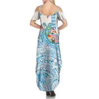 Hawaiian and Japanese Culture Together Summer Maxi Dress Tropical Honu with Japanese Elements Blue Color