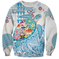 Hawaiian and Japanese Culture Together Sweatshirt Tropical Honu with Japanese Elements Blue Color