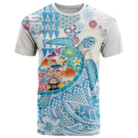 Hawaiian and Japanese Culture Together T Shirt Tropical Honu with Japanese Elements Blue Color