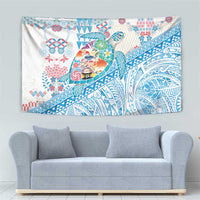 Hawaiian and Japanese Culture Together Tapestry Tropical Honu with Japanese Elements Blue Color