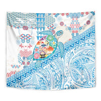 Hawaiian and Japanese Culture Together Tapestry Tropical Honu with Japanese Elements Blue Color