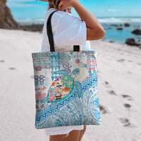 Hawaiian and Japanese Culture Together Tote Bag Tropical Honu with Japanese Elements Blue Color