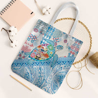 Hawaiian and Japanese Culture Together Tote Bag Tropical Honu with Japanese Elements Blue Color
