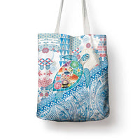 Hawaiian and Japanese Culture Together Tote Bag Tropical Honu with Japanese Elements Blue Color