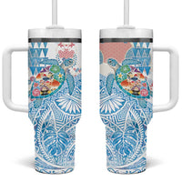 Hawaiian and Japanese Culture Together Tumbler With Handle Tropical Honu with Japanese Elements Blue Color