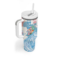 Hawaiian and Japanese Culture Together Tumbler With Handle Tropical Honu with Japanese Elements Blue Color