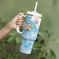 Hawaiian and Japanese Culture Together Tumbler With Handle Tropical Honu with Japanese Elements Blue Color