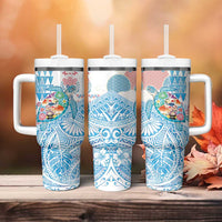 Hawaiian and Japanese Culture Together Tumbler With Handle Tropical Honu with Japanese Elements Blue Color