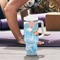 Hawaiian and Japanese Culture Together Tumbler With Handle Tropical Honu with Japanese Elements Blue Color