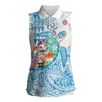 Hawaiian and Japanese Culture Together Women Sleeveless Polo Shirt Tropical Honu with Japanese Elements Blue Color