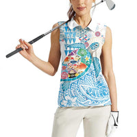 Hawaiian and Japanese Culture Together Women Sleeveless Polo Shirt Tropical Honu with Japanese Elements Blue Color