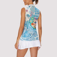 Hawaiian and Japanese Culture Together Women Sleeveless Polo Shirt Tropical Honu with Japanese Elements Blue Color