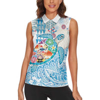 Hawaiian and Japanese Culture Together Women Sleeveless Polo Shirt Tropical Honu with Japanese Elements Blue Color