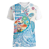 Hawaiian and Japanese Culture Together Women V-Neck T-Shirt Tropical Honu with Japanese Elements Blue Color