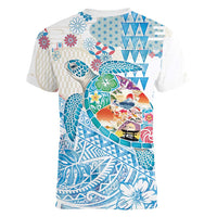 Hawaiian and Japanese Culture Together Women V-Neck T-Shirt Tropical Honu with Japanese Elements Blue Color