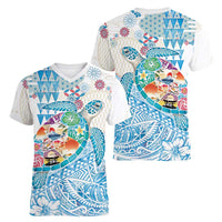 Hawaiian and Japanese Culture Together Women V-Neck T-Shirt Tropical Honu with Japanese Elements Blue Color