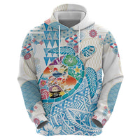 Hawaiian and Japanese Culture Together Zip Hoodie Tropical Honu with Japanese Elements Blue Color