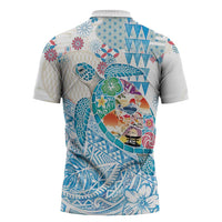 Hawaiian and Japanese Culture Together Zipper Polo Shirt Tropical Honu with Japanese Elements Blue Color