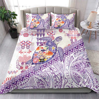 Hawaiian and Japanese Culture Together Bedding Set Tropical Honu with Japanese Elements Purple Color