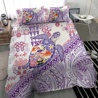 Hawaiian and Japanese Culture Together Bedding Set Tropical Honu with Japanese Elements Purple Color