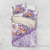 Hawaiian and Japanese Culture Together Bedding Set Tropical Honu with Japanese Elements Purple Color