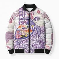 Hawaiian and Japanese Culture Together Bomber Puffer Jacket Tropical Honu with Japanese Elements Purple Color LT03 Unisex Purple - Polynesian Pride