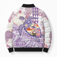 Hawaiian and Japanese Culture Together Bomber Puffer Jacket Tropical Honu with Japanese Elements Purple Color LT03 - Polynesian Pride