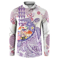 Hawaiian and Japanese Culture Together Button Sweatshirt Tropical Honu with Japanese Elements Purple Color