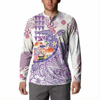 Hawaiian and Japanese Culture Together Button Sweatshirt Tropical Honu with Japanese Elements Purple Color